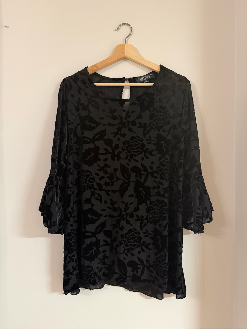 Context Black Floral Burnout Velvet Tunic Blouse